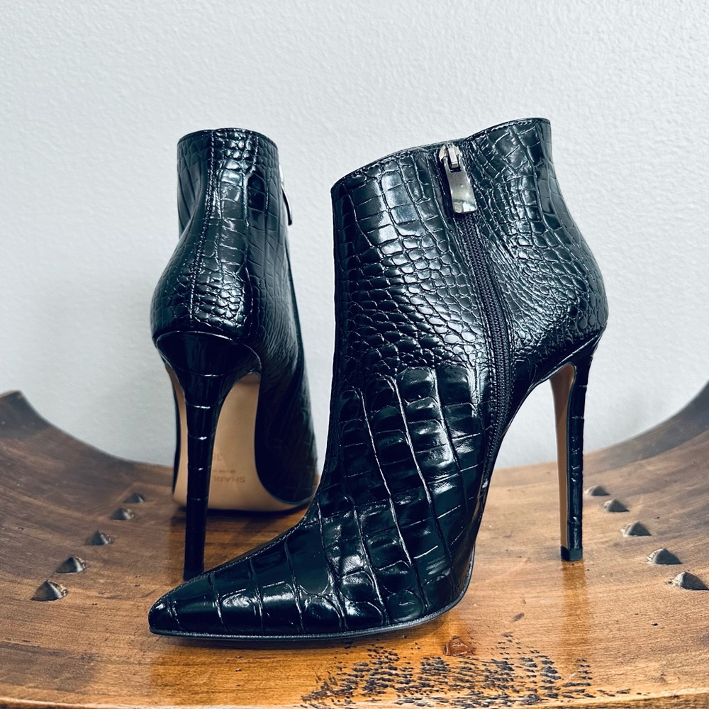 Black Croc-Embossed Leather Ankle Booties